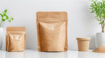 Eco-friendly kraft paper packaging and containers with potted plants, ideal for organic products and sustainable branding. photo