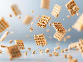 Flying cereal squares in mid-air on a light background, capturing a dynamic breakfast scene full of motion and crunch. photo