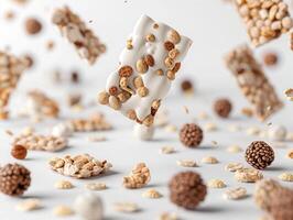 Close-up of floating granola bars with nuts and cereal against a white background, showcasing healthy snack choices. photo