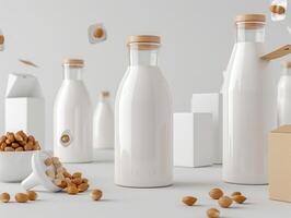 Modern arrangement of almond milk bottles, cartons, and almonds in a minimalist setting, perfect for showcasing dairy-free beverage products. photo