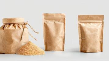Eco-friendly kraft paper packaging, set of bags for food or other products against neutral background, showcasing different types of closures. photo