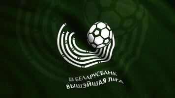 Abstract logotype of the Belarusian Premier League on waving green flag background. Motion. Concept of sport game. For editorial use only. video
