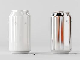 Minimalist image of blank white and shiny silver soda cans on a clean white background, perfect for product mockup or advertising. photo