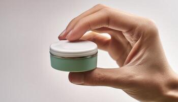 Hand holding a small container with a white lid, perfect for cosmetic products like face cream or lotion. Minimalist and clean design. photo