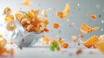 Crispy potato chips and nuts in motion, captured in mid-air against a soft background, creating a dynamic and appetizing snack scene. photo