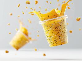 Dynamic splash of a fruity, vibrant smoothie with chia seeds in a plastic cup, capturing motion and freshness against a light background. photo