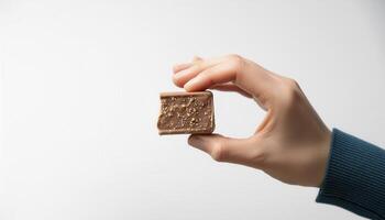 Hand holding a small piece of chocolate bar with nuts. Simple and minimalistic background. Ideal for food and snack-related content. photo