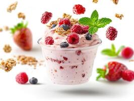 Delicious berry yogurt parfait with fresh strawberries, raspberries, blueberries, and granola, garnished with mint leaves. photo