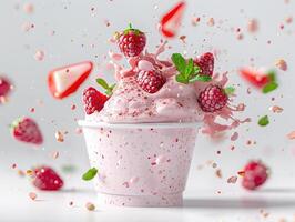 Delicious raspberry smoothie cup with fresh berries and mint leaves, capturing a splash of vibrant flavors in a white background. photo
