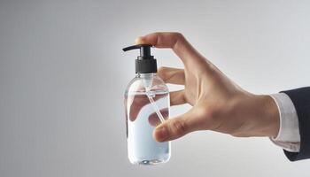 Hand holding a clear pump bottle of hand sanitizer against photo