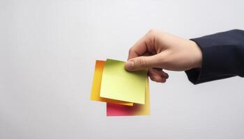 Hand holding colorful sticky notes against a plain white background, ideal for business, organization, and office-related concepts. photo