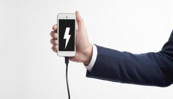 Businessman holding a smartphone with a charging symbol on the screen, emphasizing the concept of power and energy in technology. photo