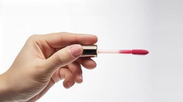 Close-up of a hand holding a pink lip gloss applicator against a white background, showcasing beauty and cosmetics. photo