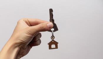 A hand holding a key with a house-shaped keychain, symbolizing home ownership or real estate. Background is plain and neutral. photo