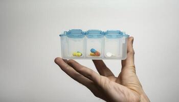 Hand holding a pill organizer with a few pills in different compartments against a plain background. photo