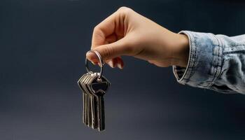 A hand holding a set of keys with a dark background, symbolizing security, ownership, or access for various places or objects. photo
