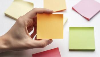 A hand holding a yellow sticky note with various colorful sticky notes scattered around on a white background. photo