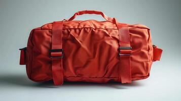 Bright Red Duffel Bag on Plain Background photo
