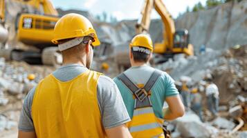 Construction workers on-site wearing safety gear, overseeing excavation with heavy machinery in action on a bright day. photo
