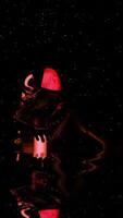 Futuristic 3D device glows in dark. Design. Frightening glowing object in dark space with midges. Cosmic biological Creation glow with flying particles video