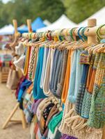 Colorful handmade scarves displayed at a market stall, showcasing vibrant knitwear and artisan craftsmanship in a lively outdoor setting. photo