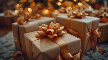 Elegant gift boxes with golden ribbons under a Christmas tree with warm festive lights in the background. photo