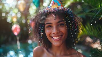 Happy woman celebrating birthday at an outdoor party with balloons, greenery, and a festive hat. photo