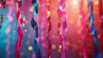 Colorful party streamers and sparkling lights create a festive atmosphere perfect for celebrations and joyful events. photo