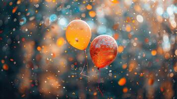 Vibrant balloons floating amidst a festive, colorful background with glowing lights and bokeh effects, creating a whimsical atmosphere. photo