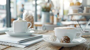 Cozy coffee shop setting with cappuccino cups, notebooks, and sweets on a rustic wooden table, perfect for a relaxing break. photo