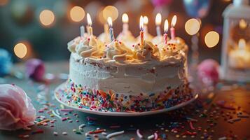 Colorful birthday cake adorned with lit candles and sprinkles, set against a festive background, perfect for celebrations and special occasions. photo
