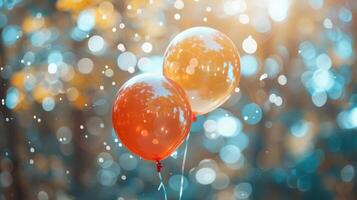 Vibrant orange and red balloons floating amidst beautiful bokeh lights, creating a festive and dreamy ambiance in the background. photo