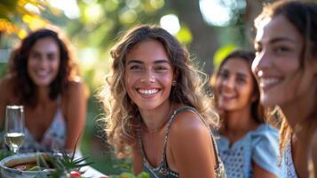Group of happy friends enjoying an outdoor summer gathering, smiling and having fun together in a sunny garden setting. photo