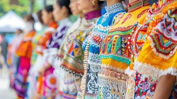 Colorful traditional dresses worn by a group of women standing in a row, showcasing intricate patterns and cultural heritage. photo