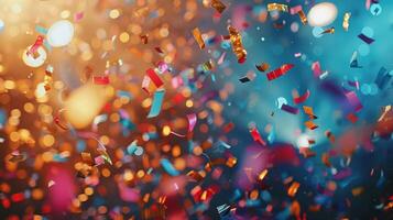 Vibrant confetti explosion with shimmering lights in the background, capturing the essence of celebration and joy. photo