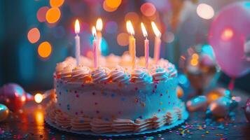 Festive birthday cake with colorful candles and decorations, perfect for celebrations and special occasions, set against a bokeh background. photo