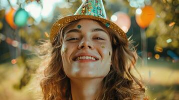 Happy woman in a party hat enjoying celebration outdoors with colorful balloons and confetti in the background. photo