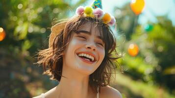 Joyful young woman with a party hat, laughing outdoors on a sunny day with balloons in the background. photo