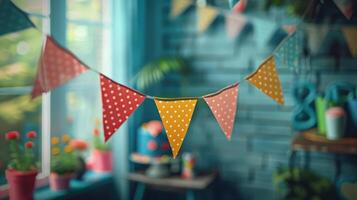 Colorful polka dot bunting decorates a cozy indoor space, bringing a festive and cheerful atmosphere to the room. photo
