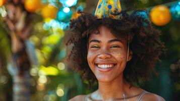 Joyous woman with party hat celebrating outdoors, smiling and happy amidst festive decorations and vibrant greenery. photo