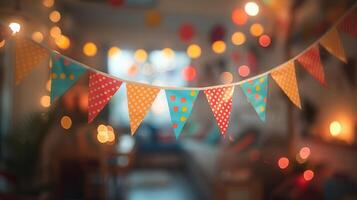 Colorful bunting flags and festive lights create a joyful atmosphere for party or celebration with a warm and inviting ambiance. photo