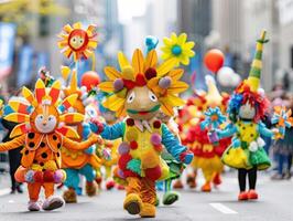 Colorful street parade featuring people in vibrant costumes with flower and sun themes, bringing joy and celebration to the city streets. photo