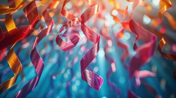 Colorful ribbons create a festive atmosphere, perfect for celebration, party decorations, and vibrant gatherings. photo