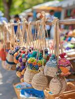 Colorful handmade woven bags hanging at an outdoor market, showcasing intricate craftsmanship and vibrant designs on a sunny day. photo