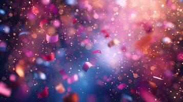 Vibrant colorful confetti falling in the air against a blurred festive background, creating a celebratory and joyful atmosphere. photo