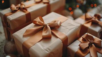 Beautifully Wrapped Gift Boxes with Satin Ribbons photo