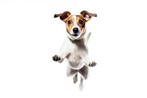 A cheerful Jack Russell dog jumps with his tongue out for food. White background isolate and close-up. . photo