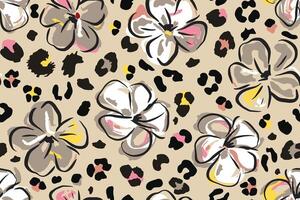 Abstract hand drawn flowers and leopard skin texture seamless pattern background vector