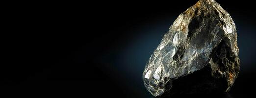 Rickardite is a rare precious natural stone on a black background. . Header banner mockup with space. photo