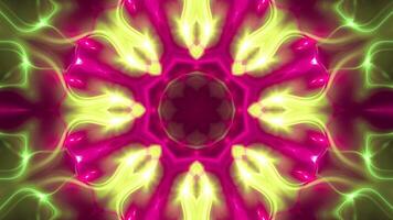 Digital mandala styled abstract background with glowing neon red and green energy light beams. This kaleidoscopic spiritualism background is full HD and a seamless loop. video